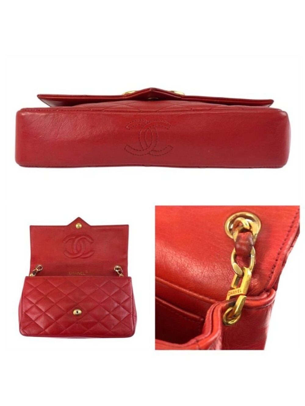 Chanel Vintage Quilted Jumbo CC Logo Red Gold Leather Chain Shoulder Bag - Picture 7 of 9